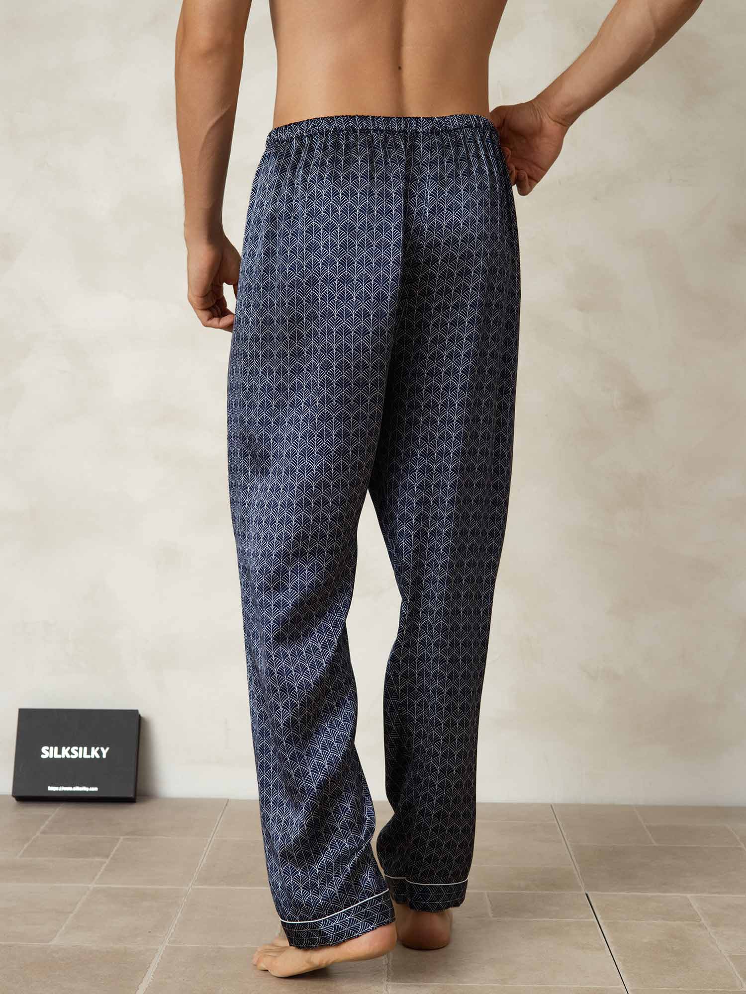 [Navy Ginkgo] SilkSilky-CA Pure Silk Mens Sleep Bottoms 002