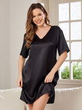 SilkSilky-CA Pure Silk Short Sleeve V Neck Nightgown Black 001