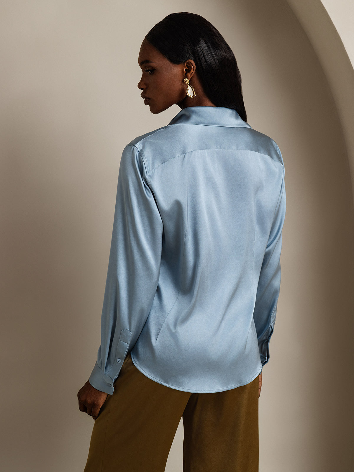 [Grayish Blue] SilkSilky-CA Silk Long Sleeve Lapel Collar Women's Shirt 002