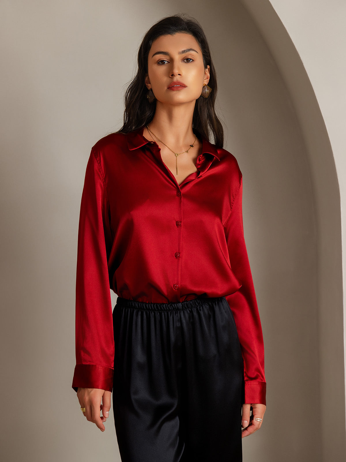 [Red] SilkSilky-CA 19Momme Stretch Silk Charmeuse Long Sleeve Lapel Collar Women's Shirt 001