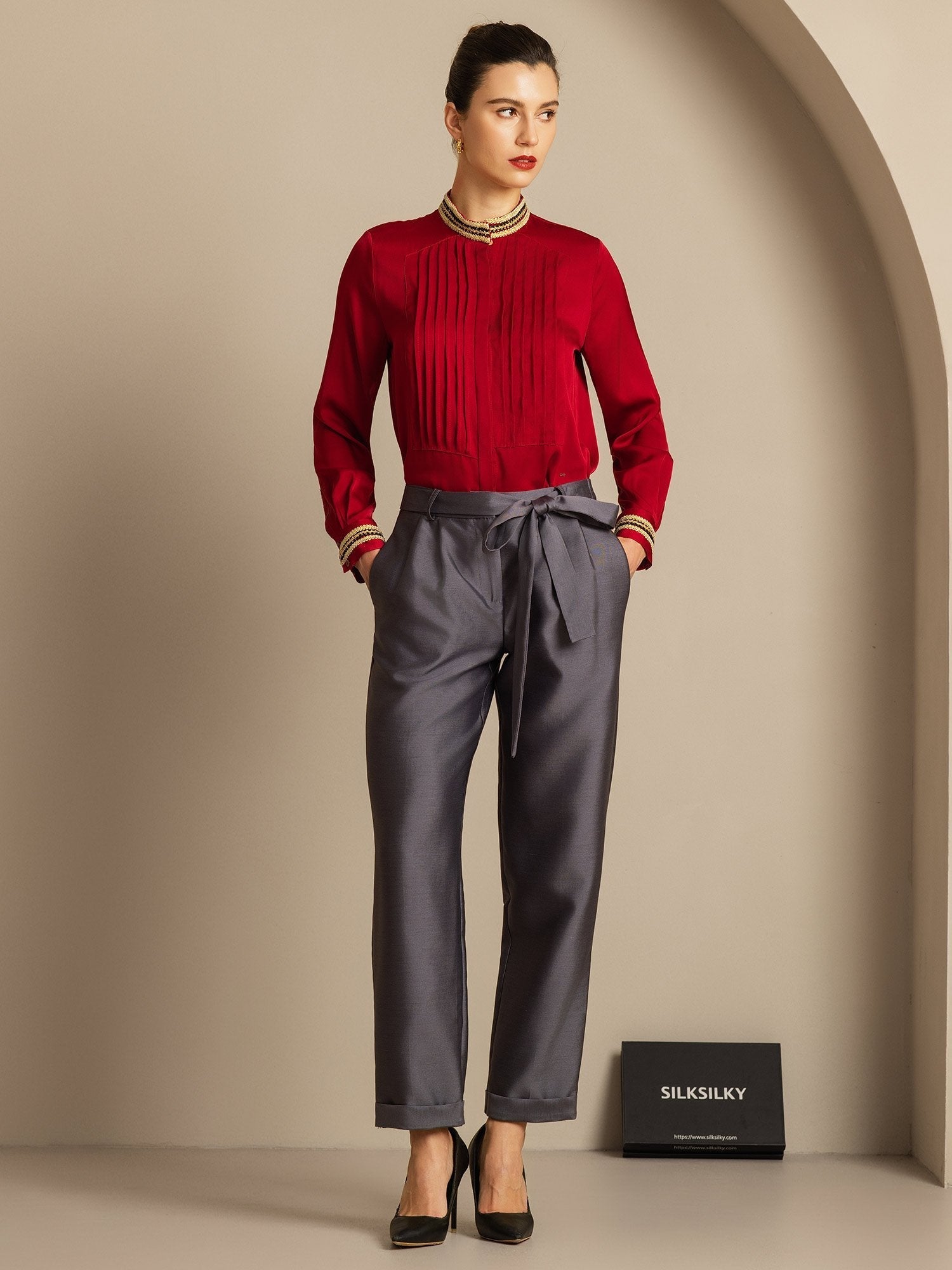 [Gray] SilkSilky-CA 32Momme Silk-Wool Blend Womens Pants 008,