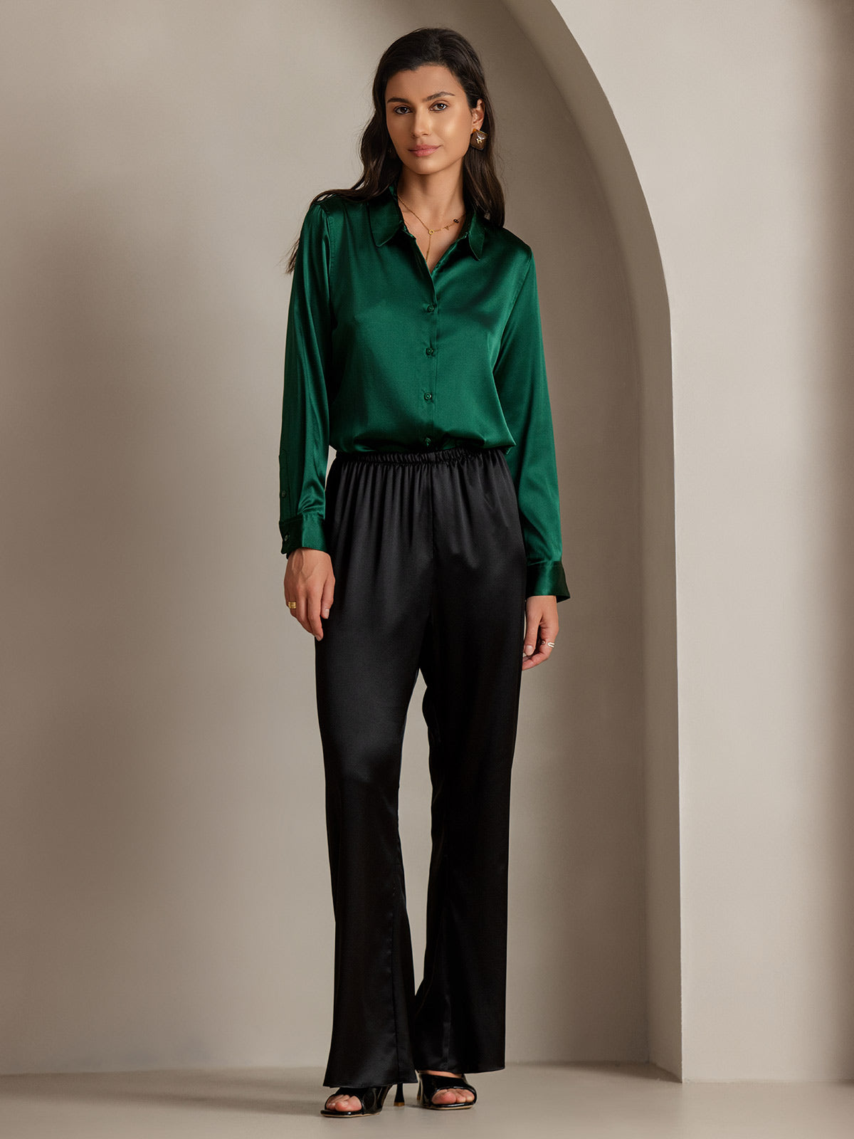 [Dark Green] SilkSilky-CA Silk Long Sleeve Lapel Collar Women's Shirt 004
