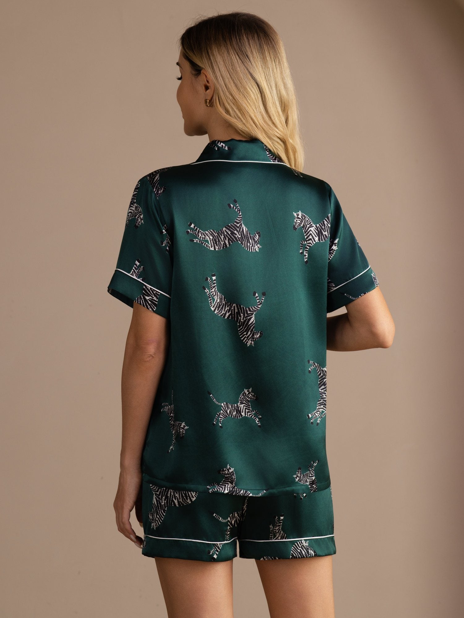 [Emerald Zebra] SilkSilky-CA Short Sleeve Lapel Collar Women's Pajamas 002