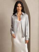 [Light Gray] SilkSilky-CA 19Momme Stretch Silk Charmeuse Long Sleeve Lapel Collar Women's Shirt 007