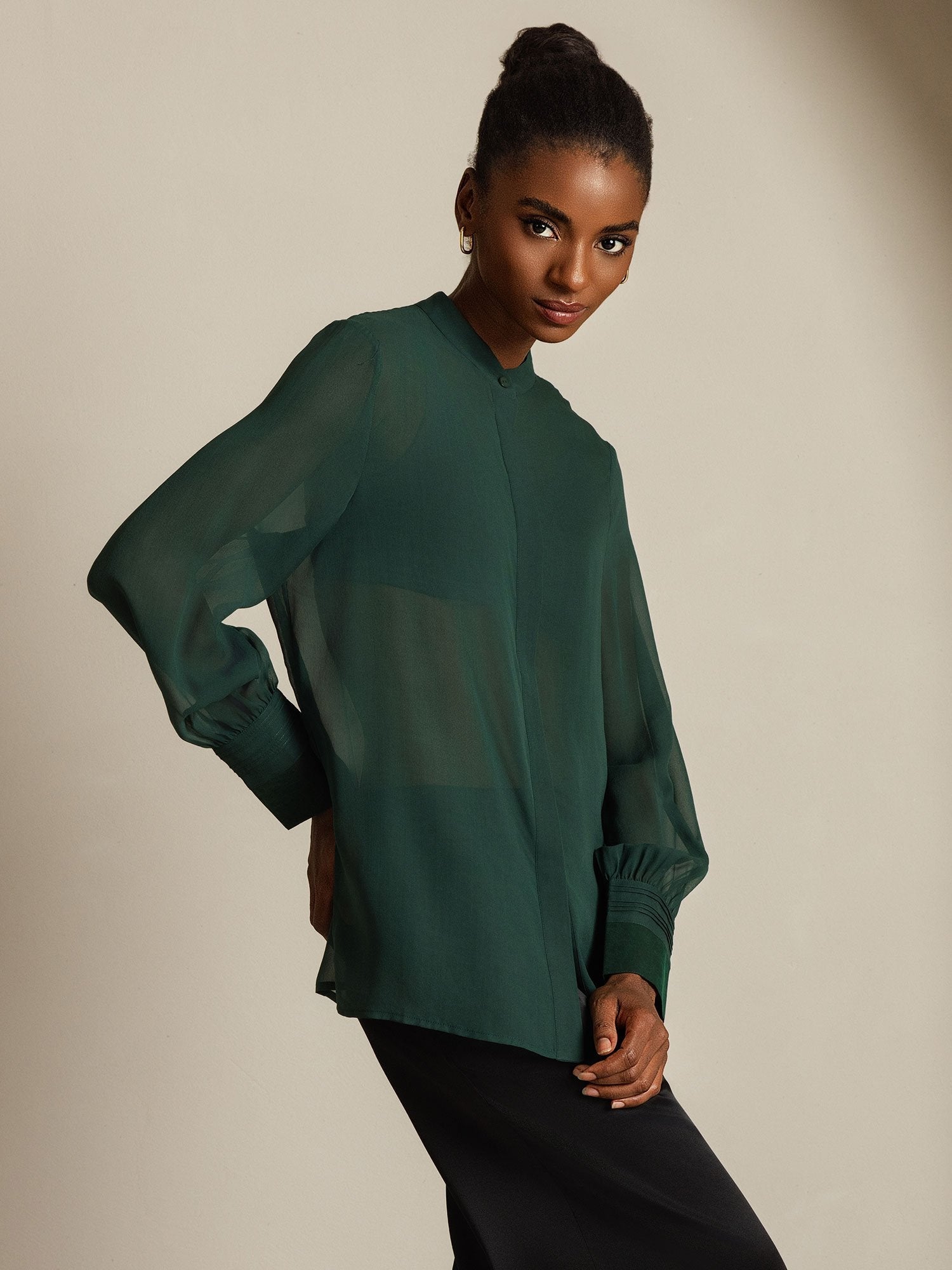 [Dark Green] SilkSilky-CA Pure Silk Split Women's Shirt 007