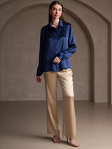 [Dark Blue] SilkSilky-CA Long Sleeve Lapel Collar Women's Shirt 007