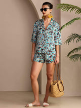 [Teal Botanical] SilkSilky-CA Short Sleeve Notch Collar Women's Pajamas 005