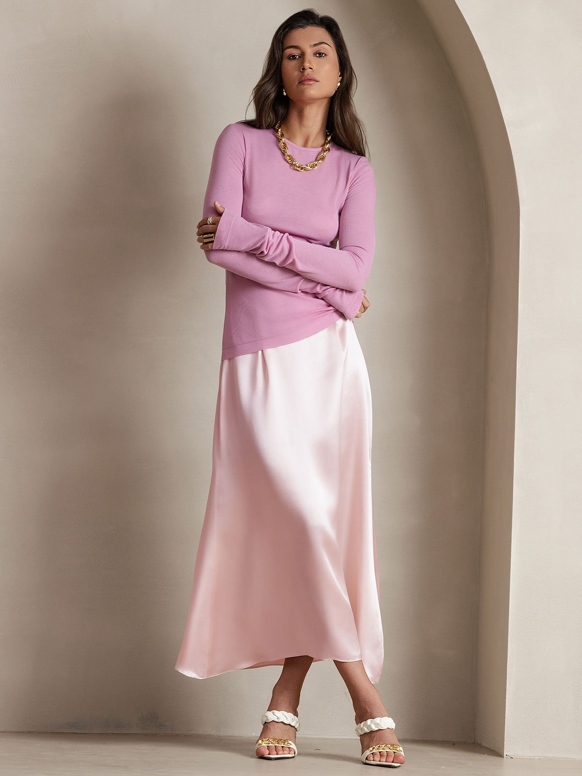 [Pink] SilkSilky-CA 19Momme Stretch Silk Charmeuse Skirt 001