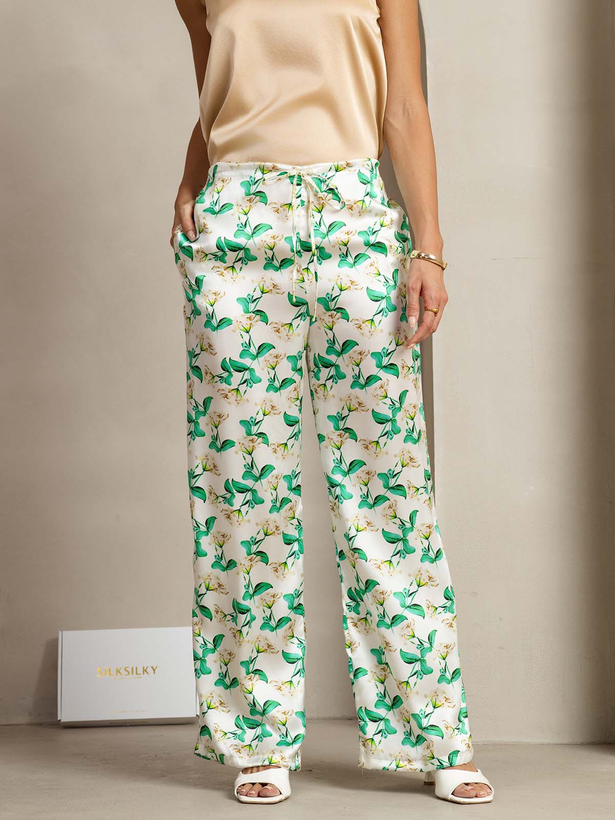 [Green Floral] SilkSilky-CA 19Momme Silk Womens Pants 003