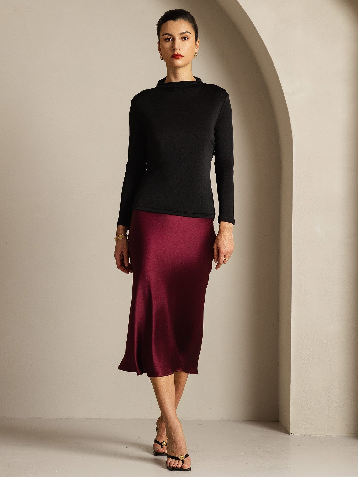 [Black] SilkSilky-CA Pure Silk High Neck Women's T-Shirt 005