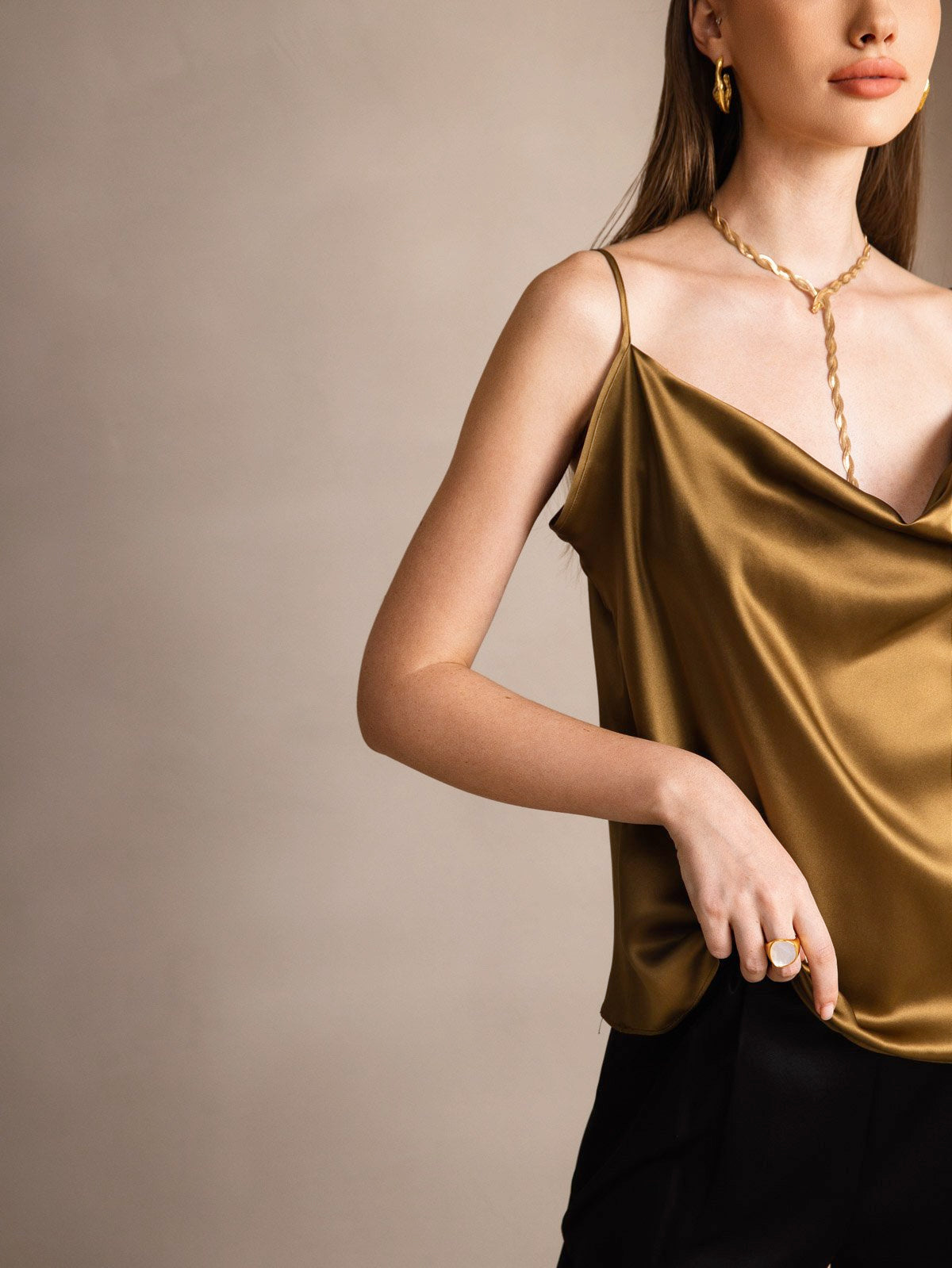 [Brown] SilkSilky-CA 19Momme Silk Cowl Neck Camisole 004