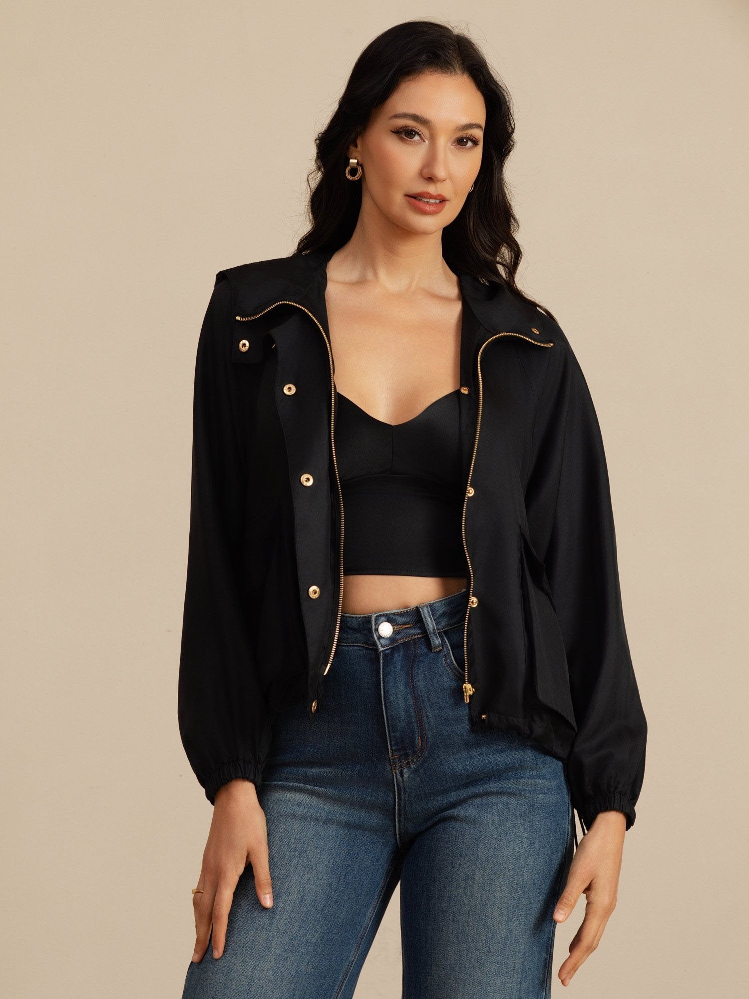 [Black] SilkSilky-CA Silk Satin Surah Long Sleeve High Neck Women's Outerwear 006