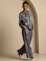 [Dark Gray] SilkSilky-CA 19Momme Stretch Silk Charmeuse Long Sleeve Round Neck Blouse 007