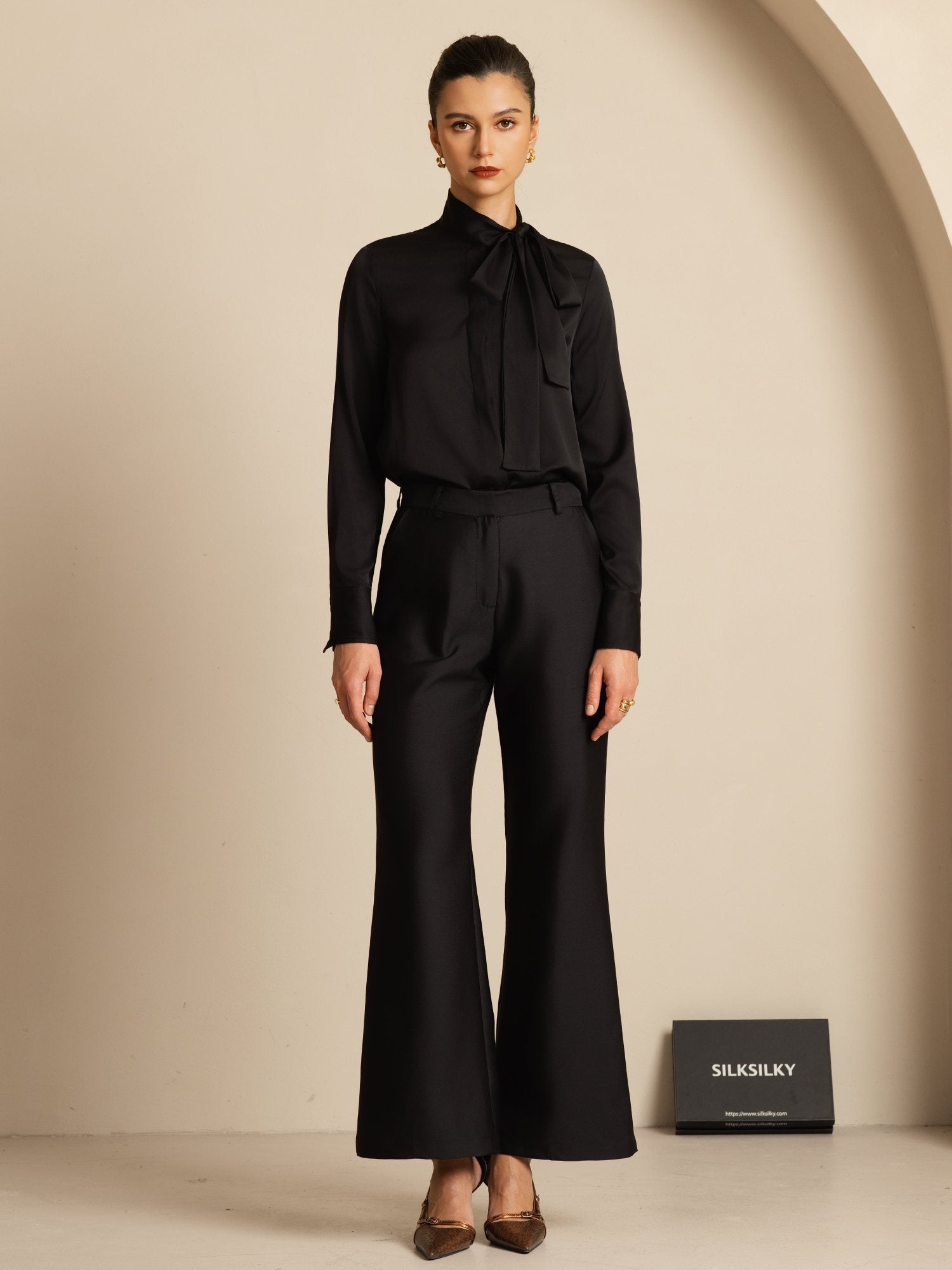 [Black] SilkSilky-CA 19Momme Stretch Silk Charmeuse Long Sleeve Tie Neck Blouse 001