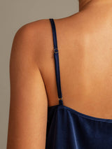 [Dark Blue] SilkSilky-CA 19Momme Machine-Washable Silk Spaghetti Strap Round Neck Camisole Set 004
