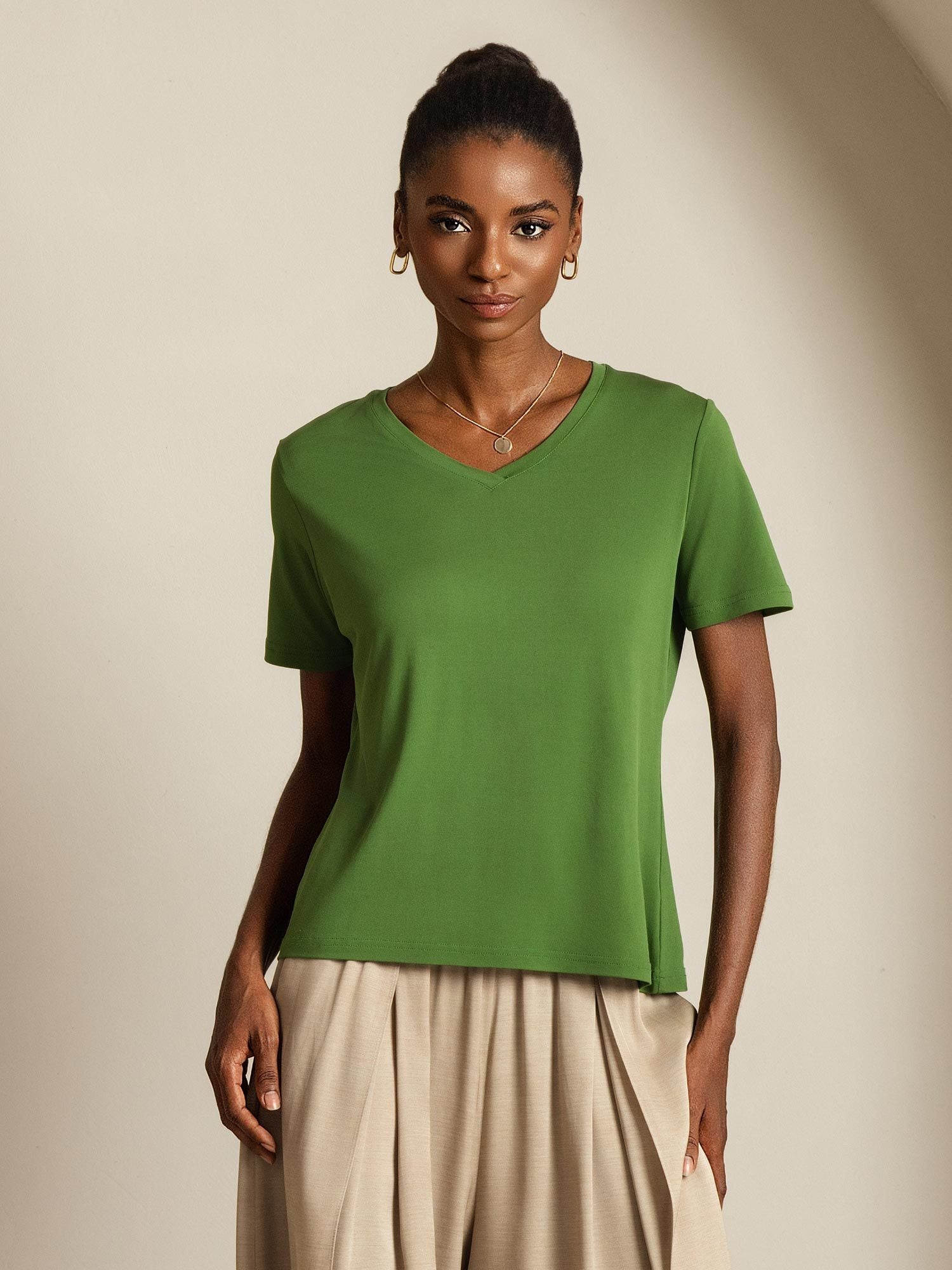 [Green] SilkSilky-CA Pure Silk V Neck Women's T-Shirt 008