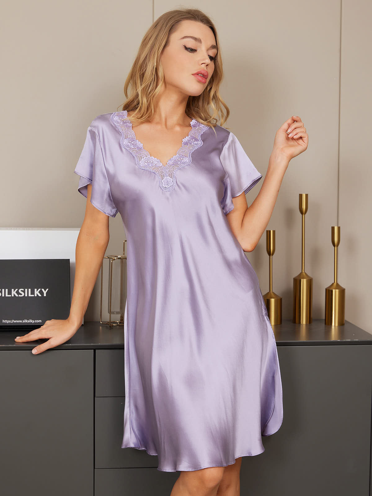 [Purple] SilkSilky-CA Silk Short Sleeve V Neck Nightgown 005