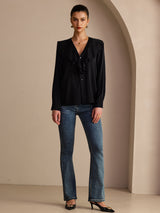 [Black] SilkSilky-CA Long Sleeve Deep V Neck Women's Blouse 006