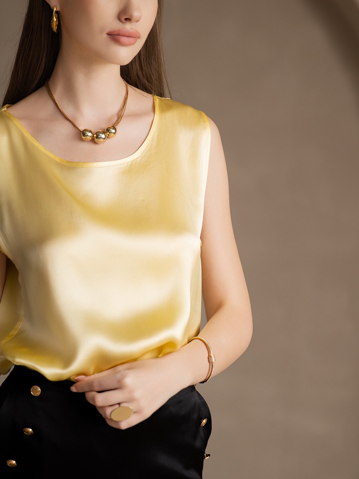 [Light Yellow] SilkSilky-CA 19Momme Silk Round Neck Camisole 003
