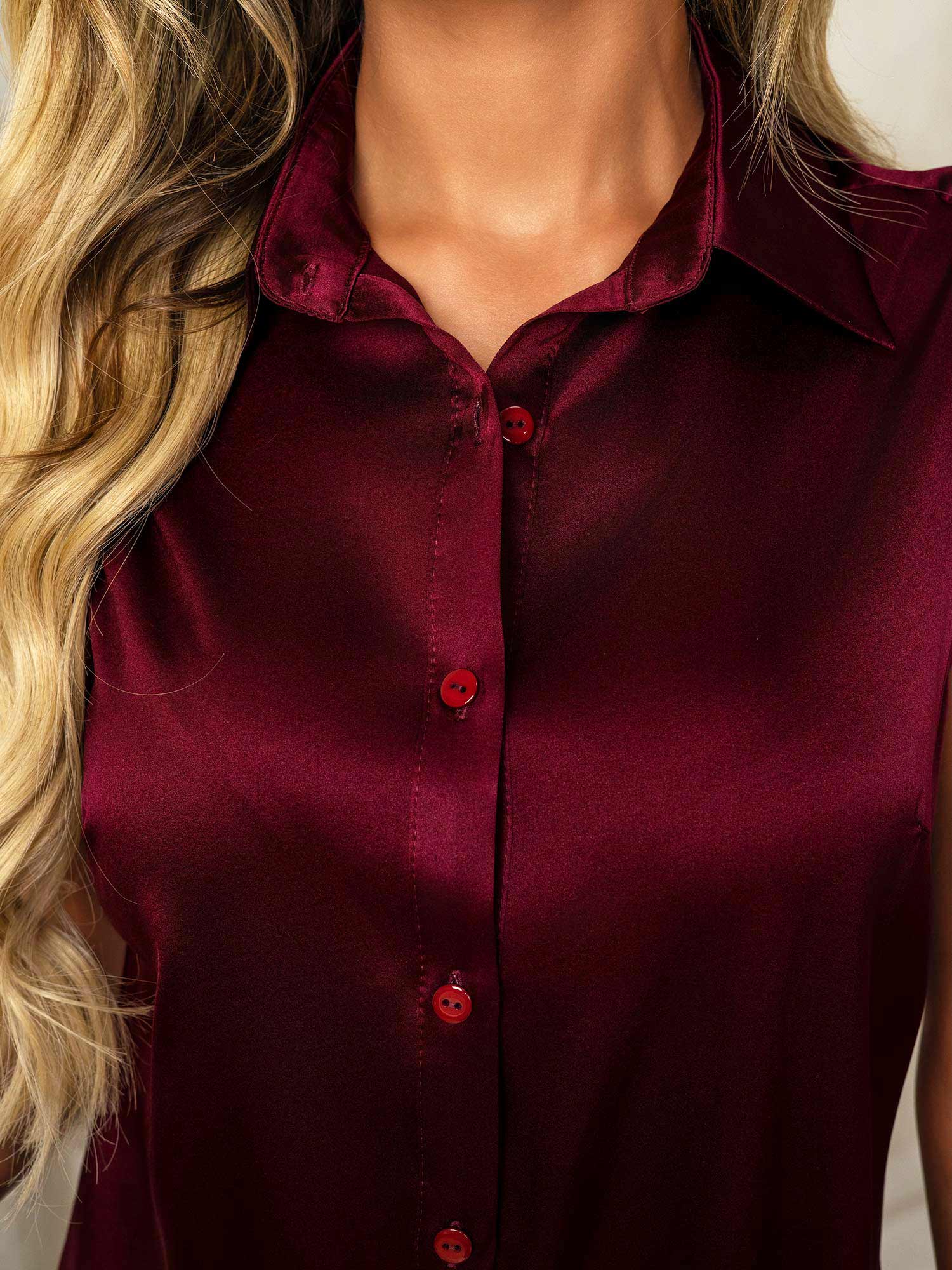 [Dark Red] SilkSilky-CA 19Momme Silk Lapel Collar Women's Shirt 007