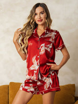 [Dark Red] SilkSilky-CA Short Sleeve Lapel Collar Women's Pajamas 003