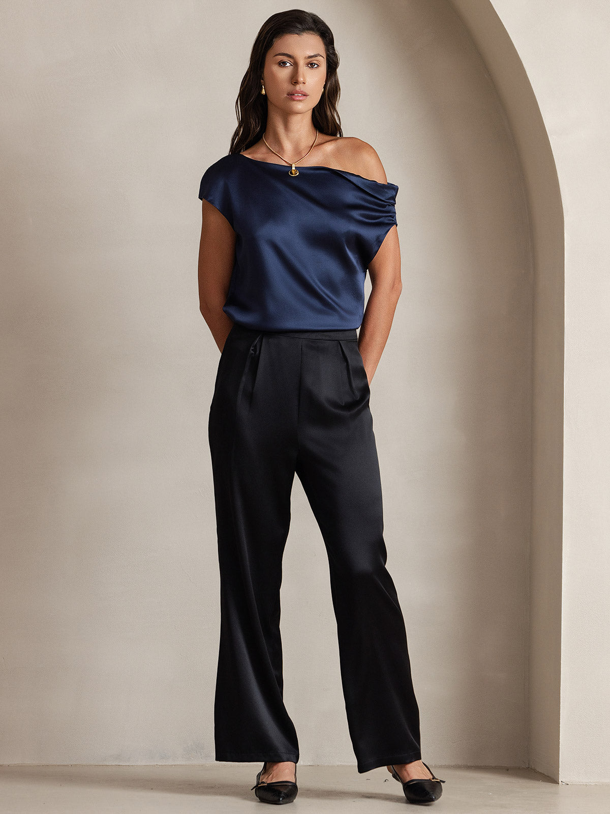 [Dark Blue] SilkSilky-CA 19Momme Silk One Shoulder Women's T-Shirt 001