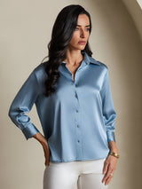 [Grayish Blue] SilkSilky-CA 19Momme Stretch Silk Charmeuse 3/4 Sleeve Lapel Collar Women's Shirt 003