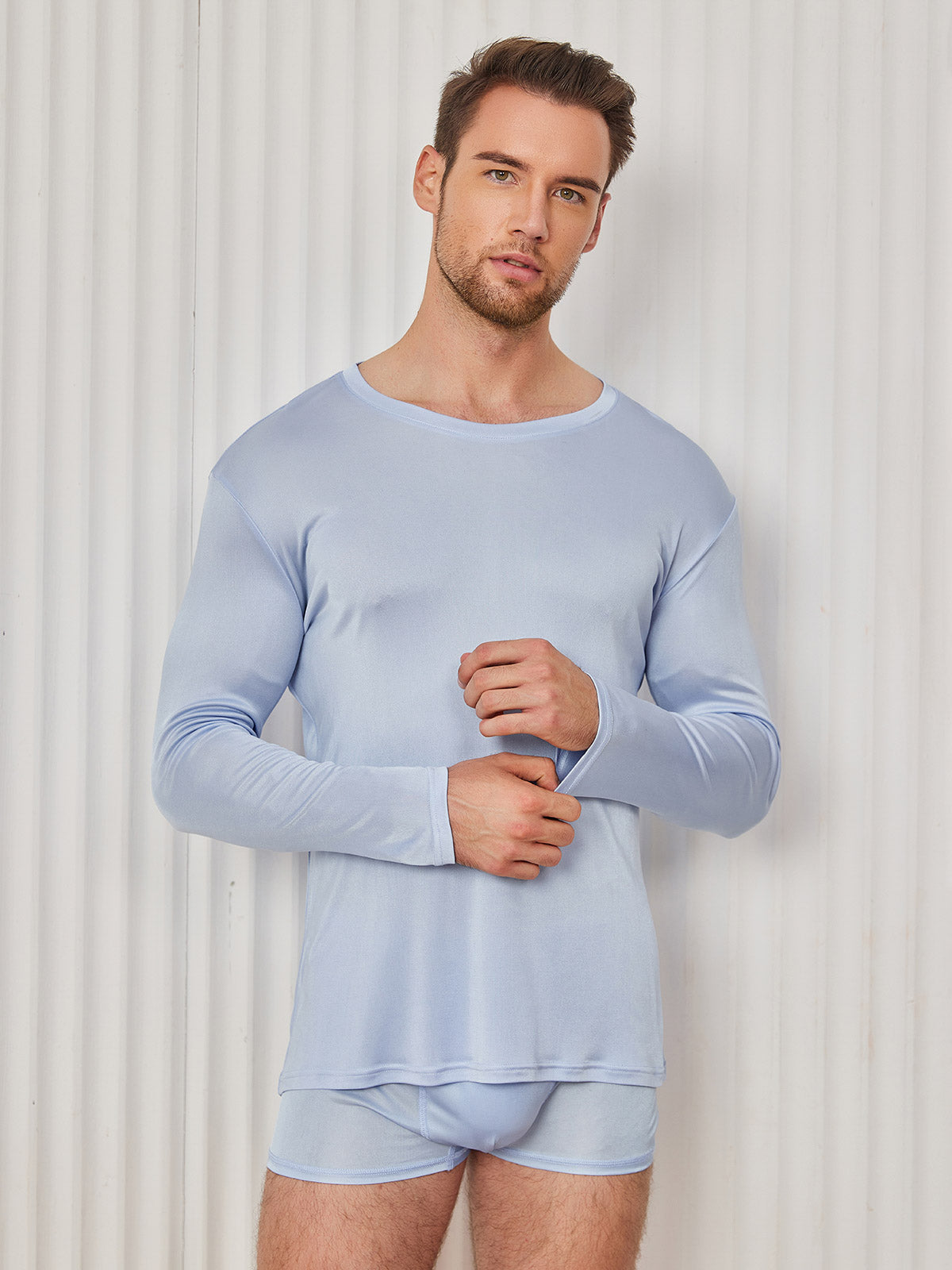 SilkSilky CA Silk Knitted Long Sleeve Round Neck Men's T Shirt LightBlue 005