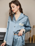 SilkSilky CA Pure Silk Long Sleeve Lapel Women's Pajamas SteelBlue 003