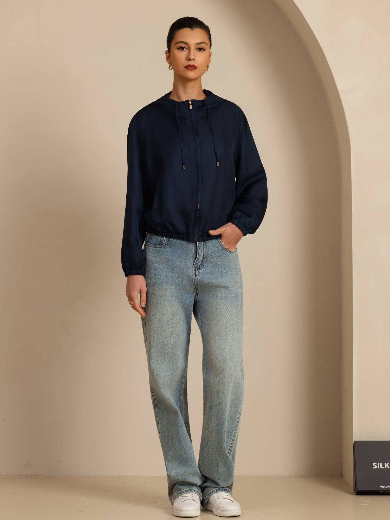 [DarkBlue] SilkSilky-CA 18Momme Silk Satin Surah Long Sleeve Stand Collar Women's Outerwear 007