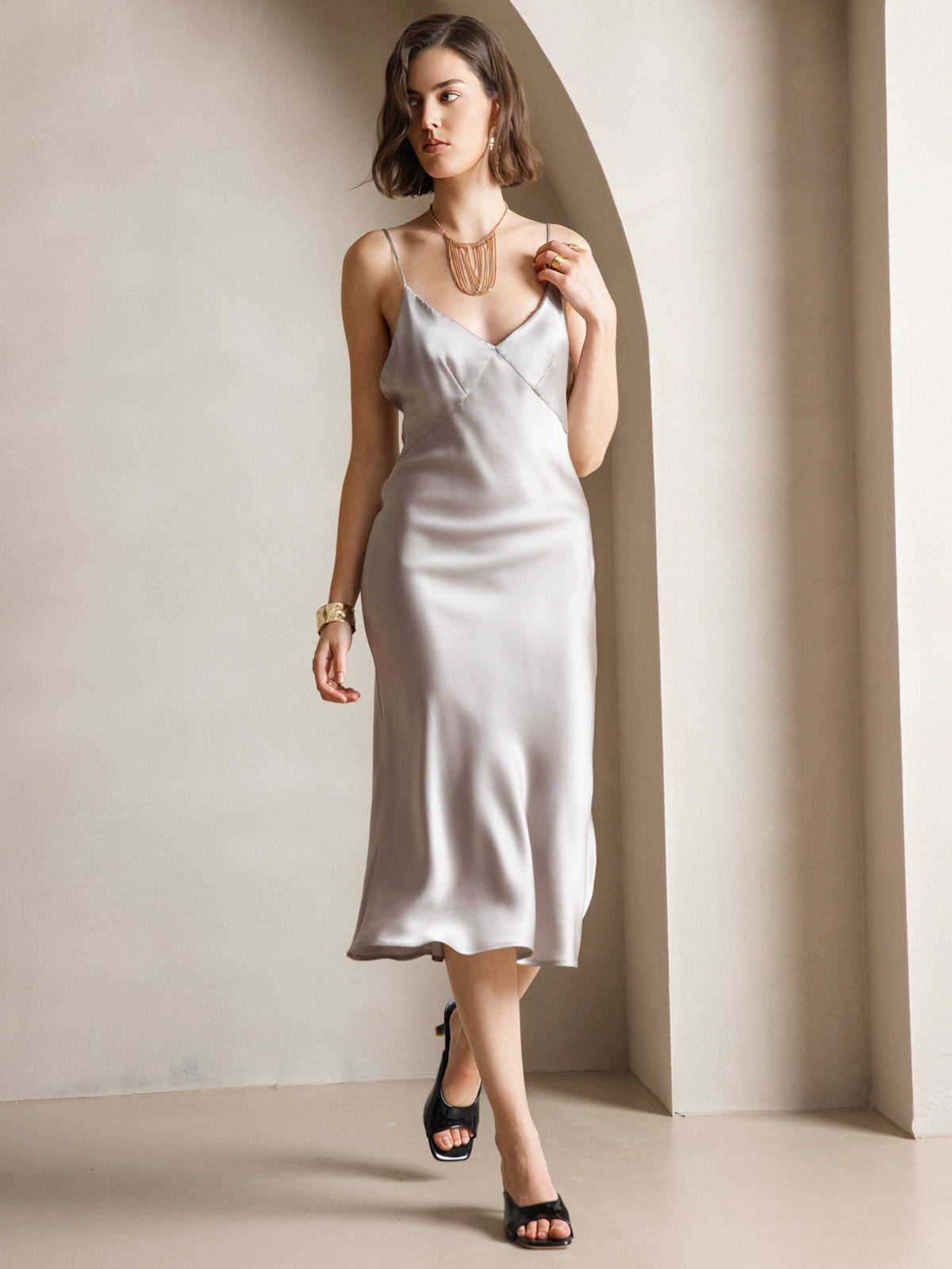 [Gray] SilkSilky-CA 19Momme Pure Silk V Neck Dress 006