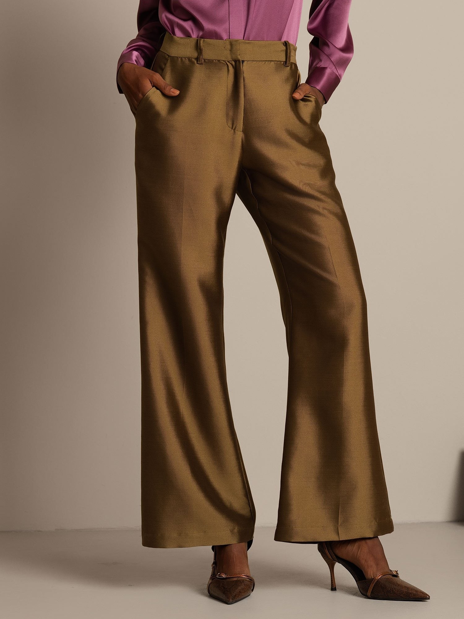 [Bronze] SilkSilky-CA 32Momme Silk-Wool Blend Womens Pants 005,