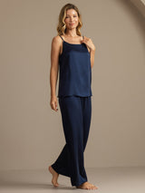[Dark Blue] SilkSilky-CA 19Momme Machine-Washable Silk Spaghetti Strap Scoop Neck Camisole Set 007