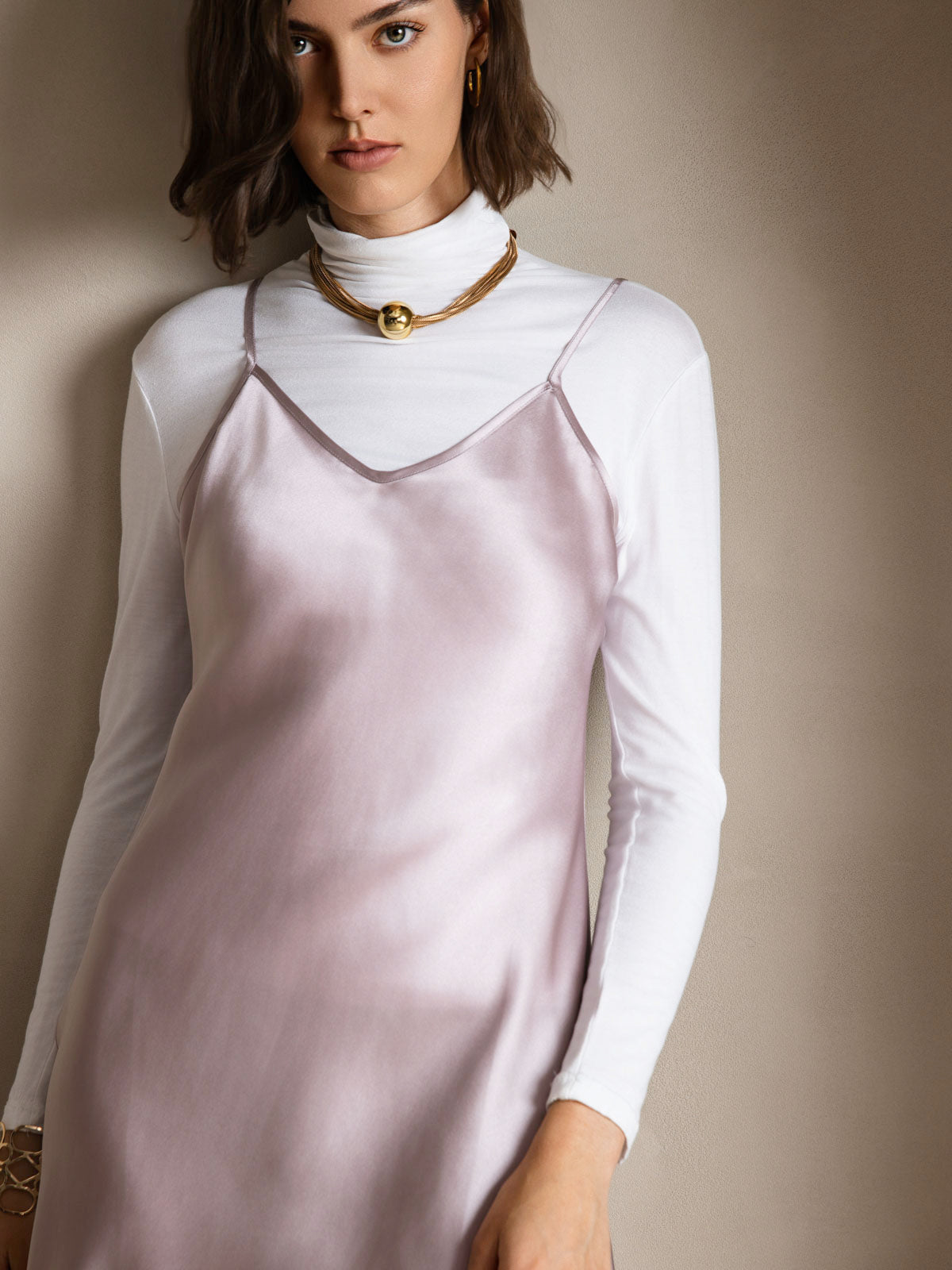 [Lavender] SilkSilky-CA Pure Silk V Neck Dress 003