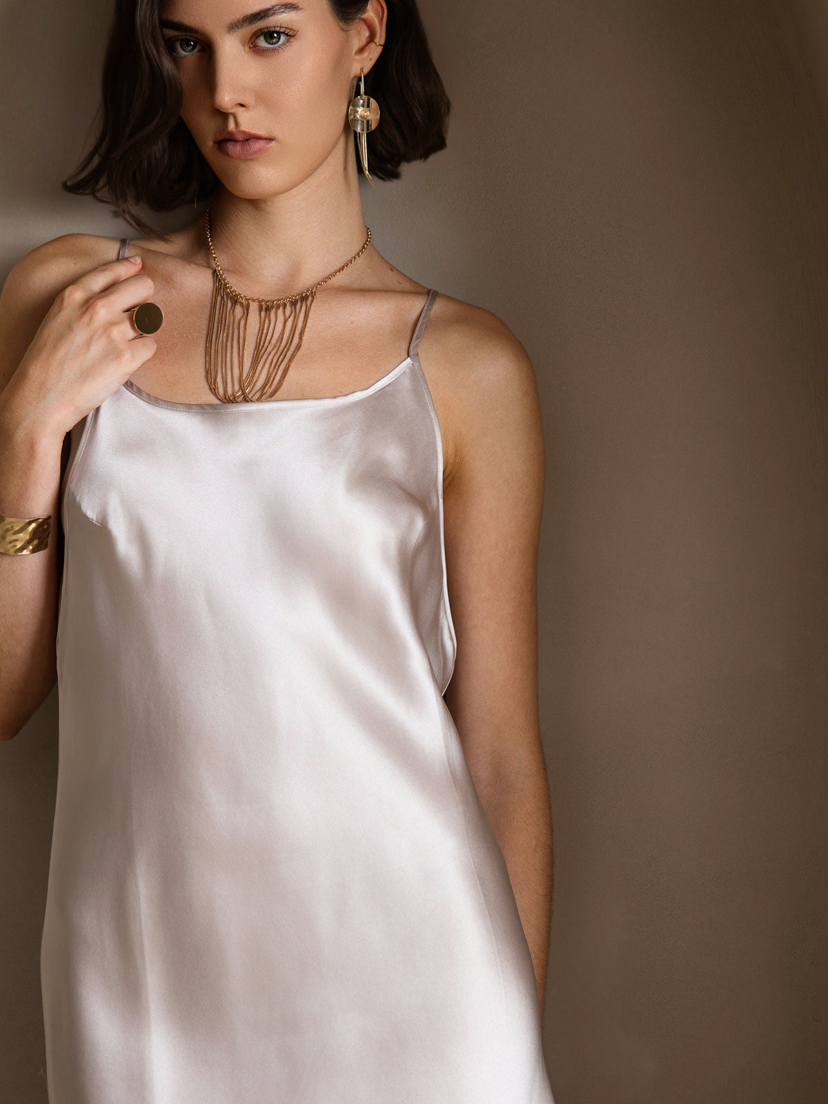 [Beige] SilkSilky-CA Pure Silk Round Neck Dress 005