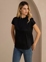 [Black] SilkSilky-CA Short Sleeve Split Women's Blouse 001