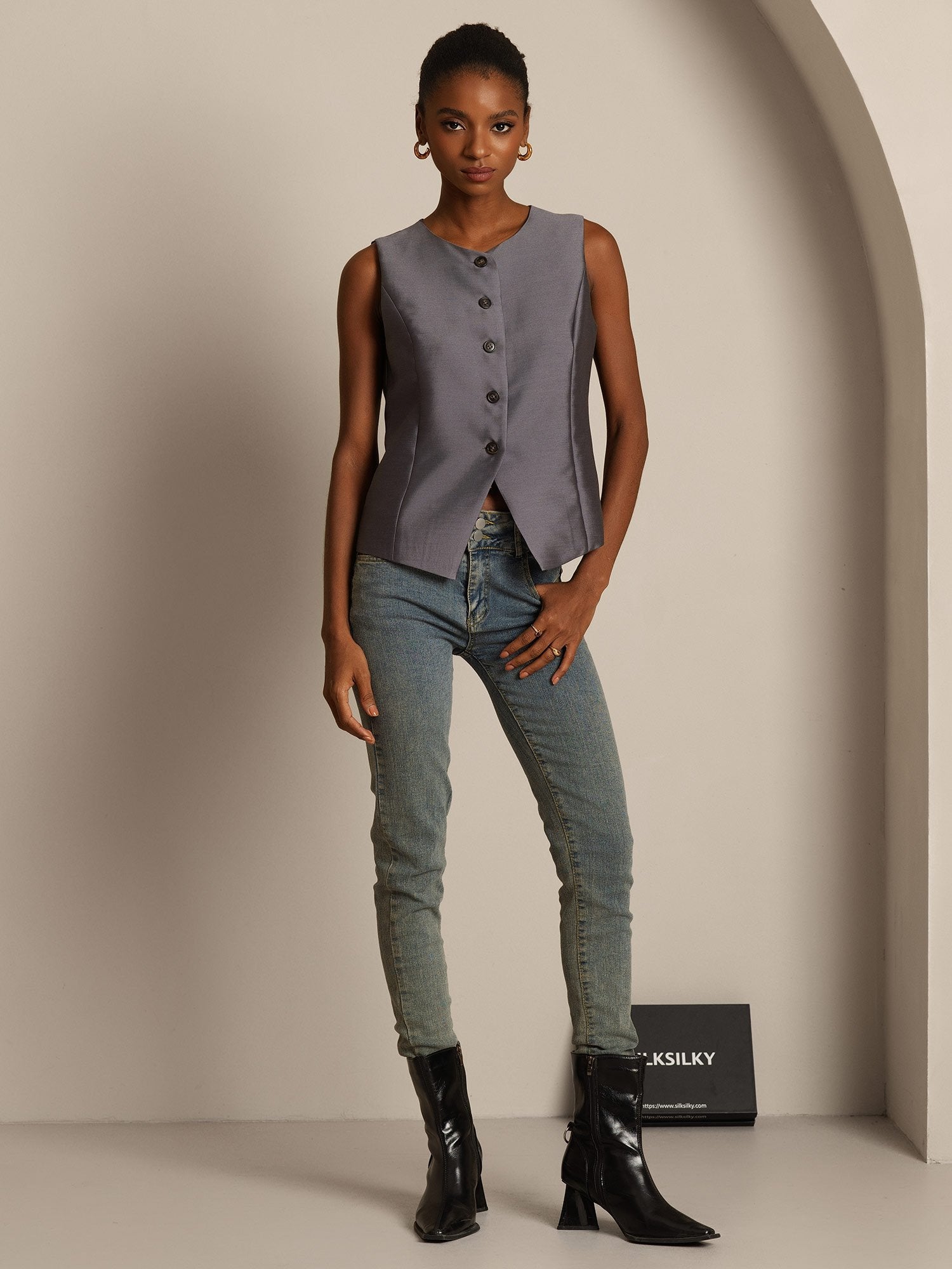 [Gray] SilkSilky-CA 32Momme Silk-Wool Blend Womens Vest 008,