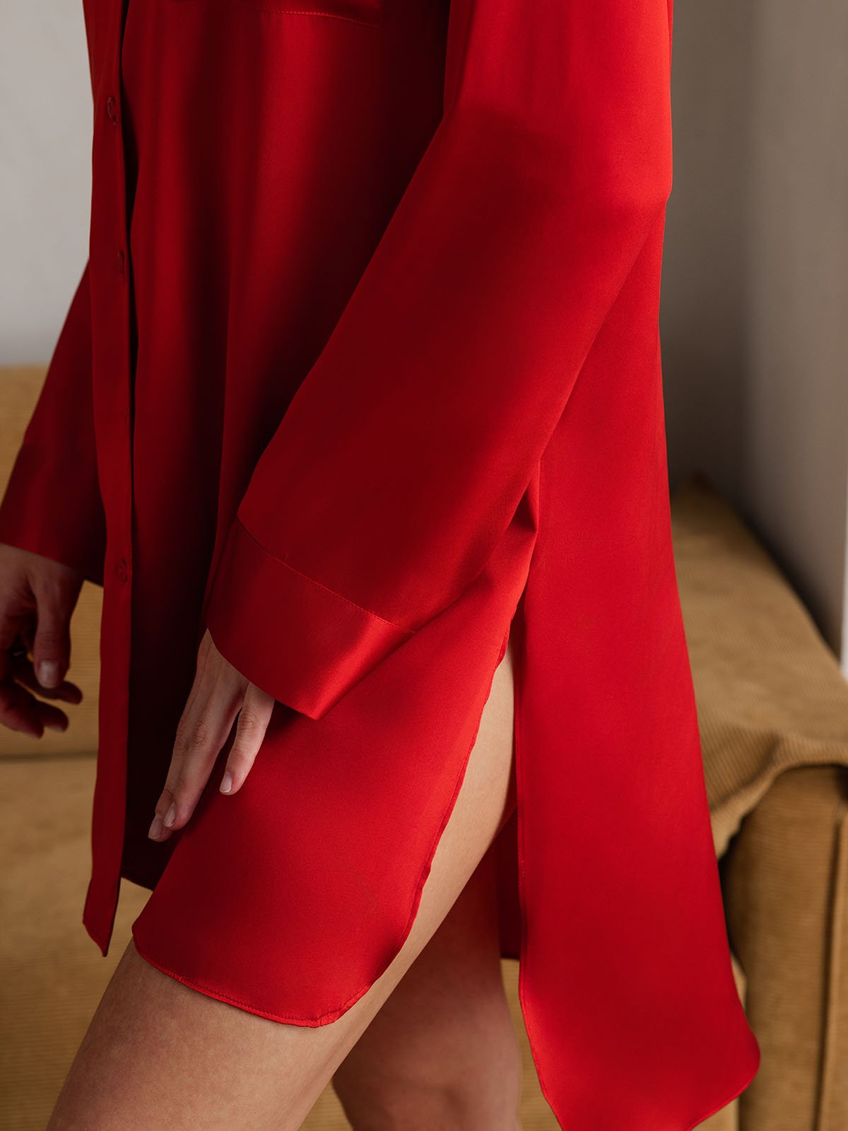 [Red] SilkSilky-CA Pure Silk Split Nightgown 005