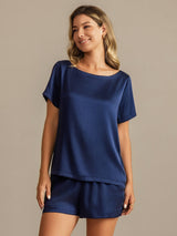 [Dark Blue] SilkSilky-CA 19Momme Machine-Washable Silk Short Sleeve Round Neck Women's Pajamas 007