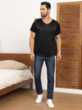 SilkSilky CA Pure Silk Short Sleeve V Neck Men's T Shirt Black 003