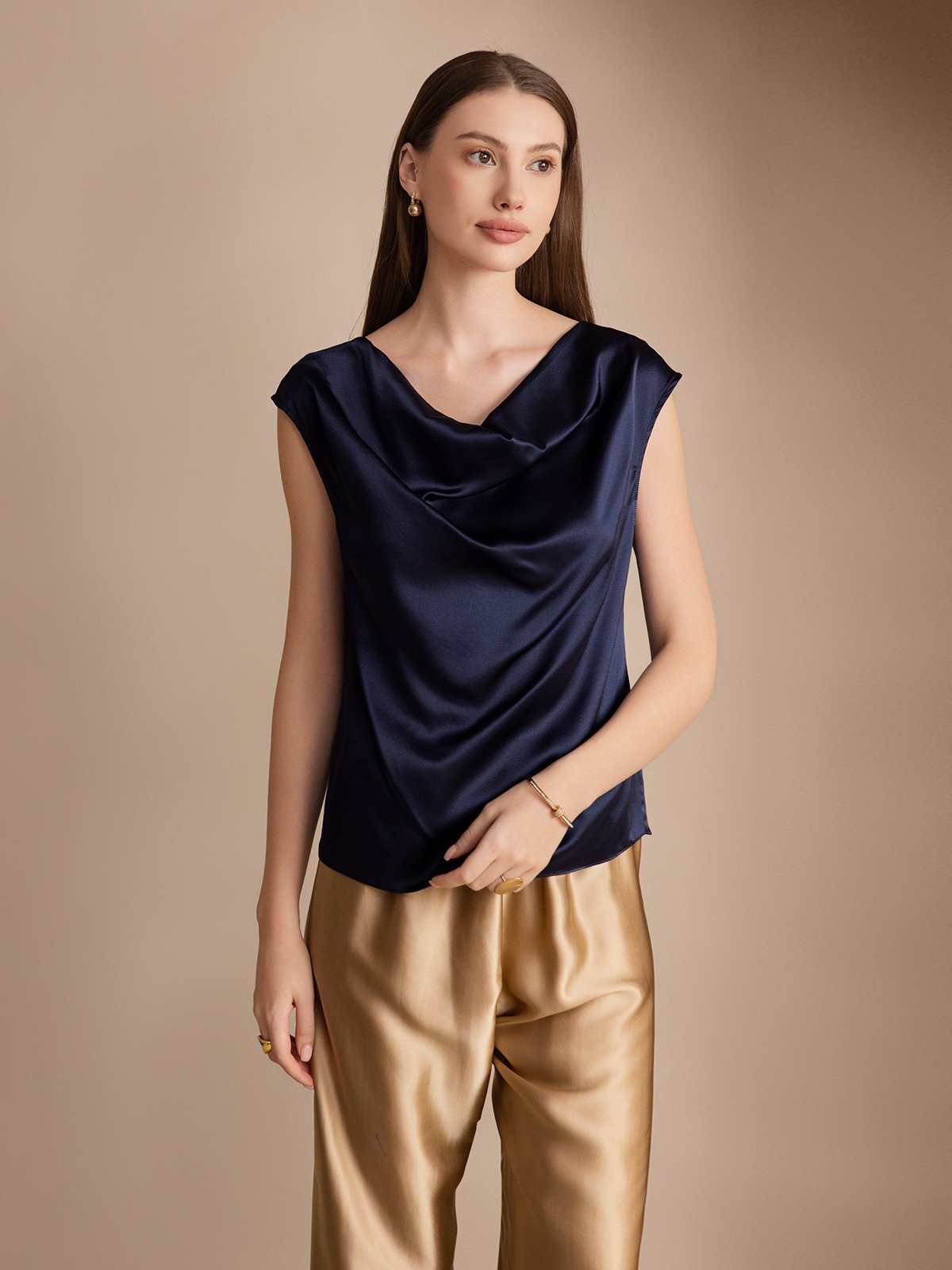 SilkSilky CA 19Momme Silk Sleeveless Cowl Neck Women's T Shirt DarkBlue 001