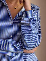 [Blue Pinstripe] SilkSilky-CA Long Sleeve Lapel Collar Women's Shirt 006