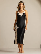 [Black] SilkSilky-CA Spaghetti Strap V Neck Nightgown 003