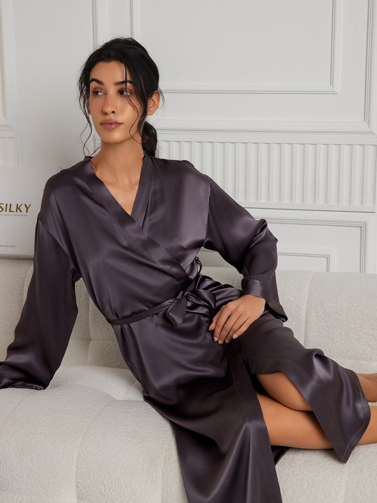 SilkSilky-CA Pure Silk Long Sleeve Womens Robe PurpleGray 005