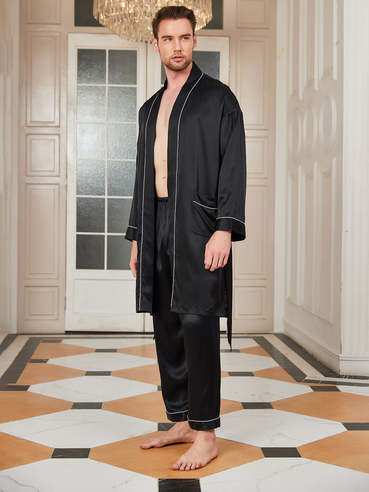 SilkSilky CA Pure Silk 3/4 Sleeve Deep V Neck Men's Robe Black 002