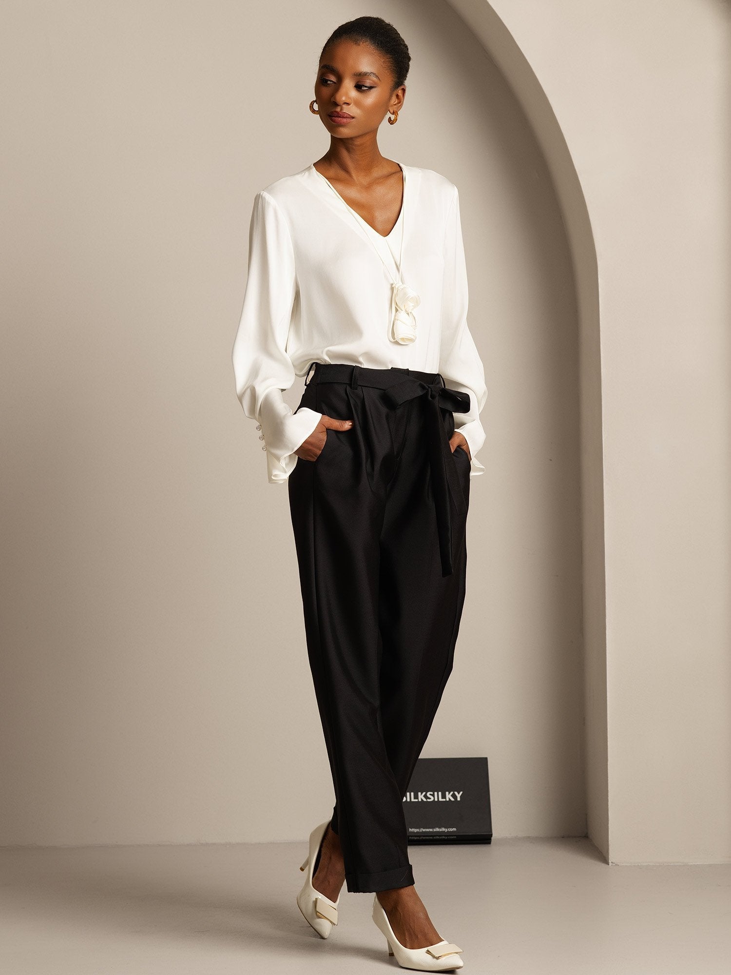 [Black] SilkSilky-CA 32Momme Silk-Wool Blend Womens Pants 005,