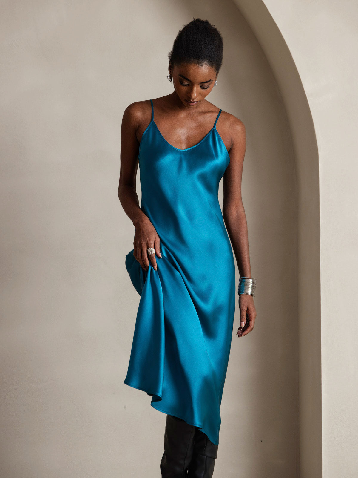 SilkSilky-CA Pure Silk Sleeveless Round Neck Dress Teal 003