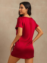 [Wine] SilkSilky-CA 19Momme Machine-Washable Silk Short Sleeve Round Neck Nightgown 002