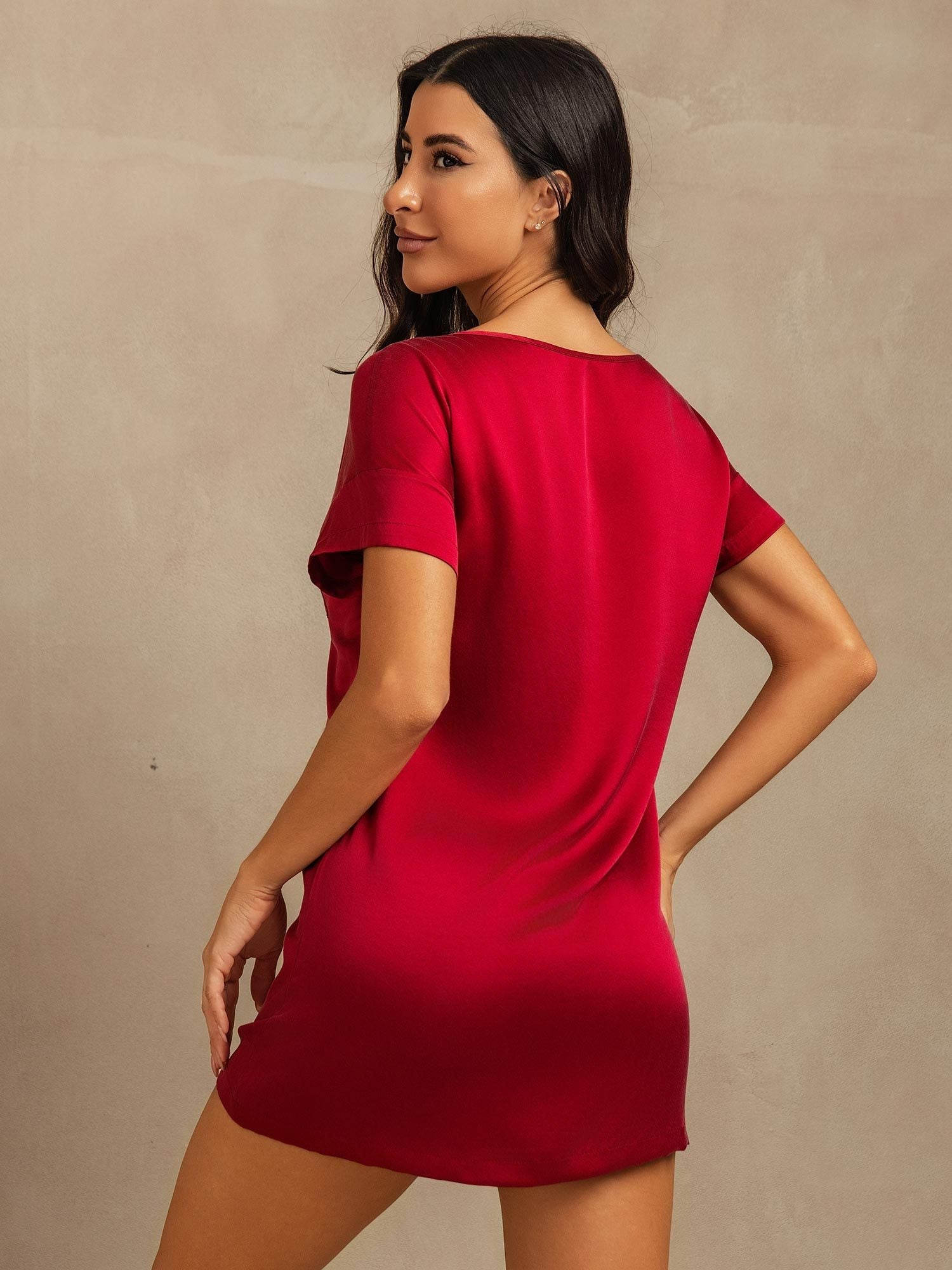 [Wine] SilkSilky-CA 19Momme Silk Round Neck Nightgown 002