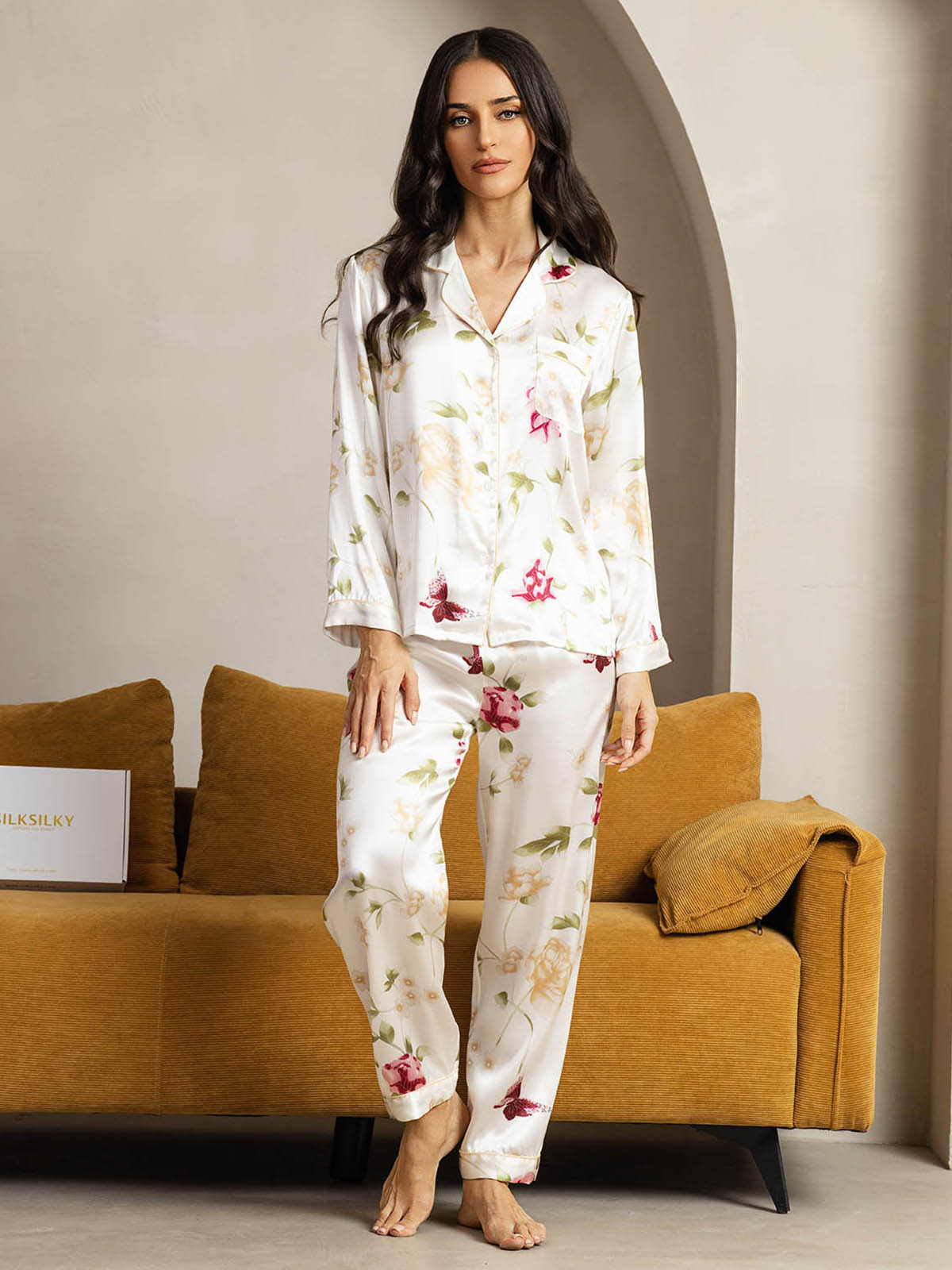 [Ivory Floral] SilkSilky-CA Pure Silk Womens Pajamas 001